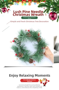 Close-up of artificial pine needle Christmas wreath with natural pinecones and red berries