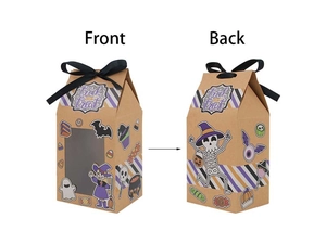 Front and back detail of Kraft Halloween cookie boxes with window and black ribbon bows