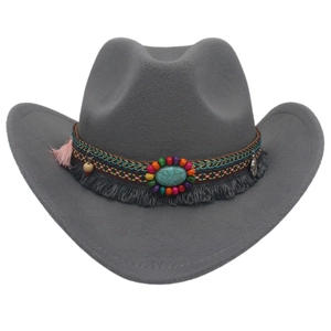 Gray wool felt cowboy hat with bohemian ethnic band, turquoise stone and tassels