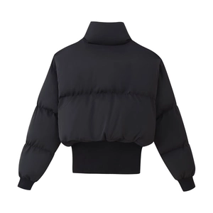 Women's black short puffer jacket with high stand collar and ribbed hem back view