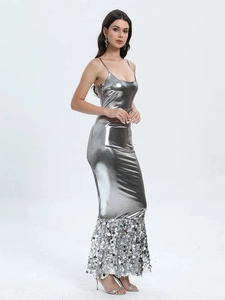 Silver metallic bodycon maxi dress featuring sequin fringe hem and slim spaghetti straps