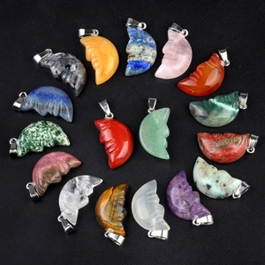 Crescent moon face pendants in multiple natural stones and crystals with silver bails