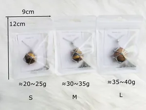 Size chart showing S, M, L crystal stone necklaces with metal mesh and weight details