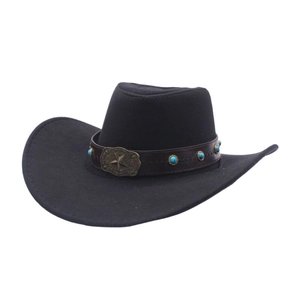 Chapeau de cowboy western noir en laine avec ruban en cuir et boucle d'étoile en turquoise