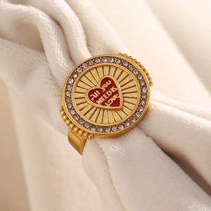 Vintage 18K gold plated stainless steel ring with red heart disk and zircon accent