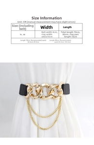 Detailed size chart for black elastic waist belt with gold chain buckle and tassels