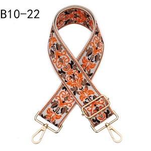 Close-up of ethnic floral embroidery patterns on colorful jacquard shoulder bag strap