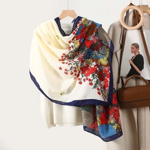 Floral print lightweight linen feel scarf with vibrant patchwork design for women