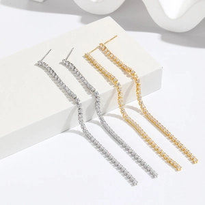 Square Zircon Long Tassel Drop Earrings With 925 Sterling Silver Earring Post Brass Jewelry For Women Fashion