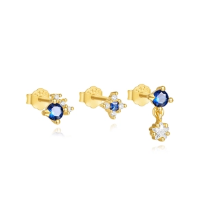 Three-piece set of S925 sterling silver star studs with blue and clear zircon stones