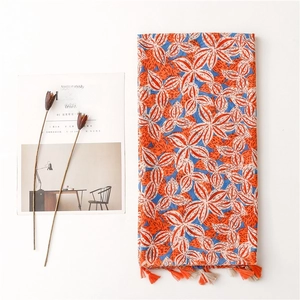Lightweight cotton linen floral scarf with tassels and gardenia print for summer travel