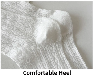 Detail of breathable white lace socks featuring a comfortable reinforced heel design