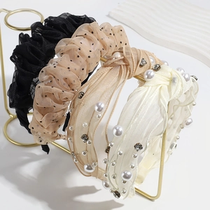 Vintage mesh and pearl headbands in black, beige, and cream with sparkling rhinestones