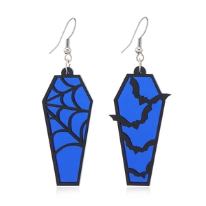 Halloween creative acrylic coffin earrings with spider web and bat patterns in blue color