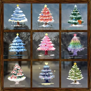 Neuf autocollants de fenêtre sapin de Noël avec texte Merry Christmas sur fond de cadre en bois