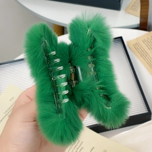 Grass green fluffy faux rabbit fur hair claw clip with golden spring for women