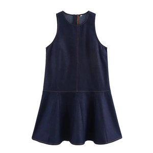 Sleeveless Denim Dress Dark Blue Cotton Round Neck Orange Contrast Stitching Ruffled Hem Fashionable Mini For Women