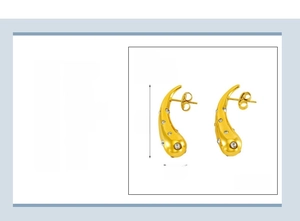 Detail view of water drop earrings in 18K gold plated stainless steel with dimensions