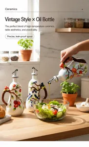 Action shot of pouring oil from a ceramic dispenser with hand-painted cherry patterns