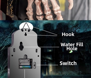 Detailed back view of Halloween doorbell showing battery compartment and mist water hole