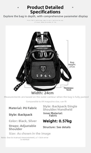 Detailed dimension chart showing 27cm height and 24cm width for the stylish PU leather backpack