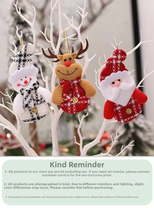 Three Christmas plush ornaments featuring Santa, Snowman, and Reindeer with gold bells