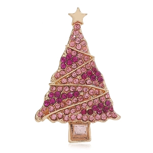 Detail of Christmas tree brooch with pink and purple rhinestones on golden base