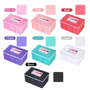 Lint-free nail wipes in seven vibrant colors packaged in transparent plastic boxes