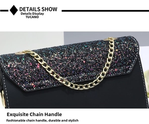 Close-up of black handbag with colorful glitter finish and golden chain strap detail