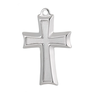 Polished silver stainless steel Egyptian cross pendant with matte texture on white background
