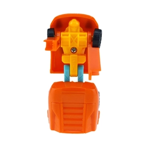 Close-up of yellow construction robot toy back with wheels and plastic texture details