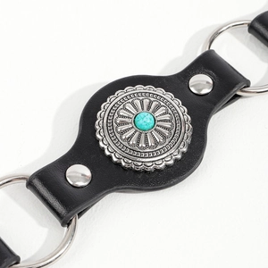 Vintage punk leather belt with turquoise concho and metal rings for women's dresses