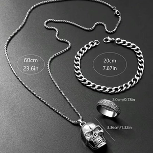 Mens punk skull necklace bracelet and ring set with specific dimension measurements