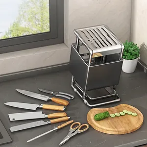 Multifunctional kitchen knife holder in matte grey finish with stainless steel organizer rack