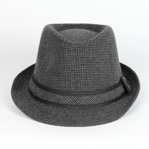 Close-up of grey houndstooth wool fedora hat with black grosgrain ribbon detail