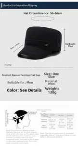 Detailed size chart for men's winter warm flat cap with dimensions and head circumference