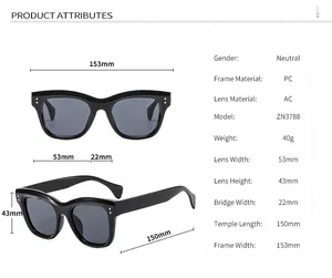 Detailed size chart for retro square sunglasses with PC frame and AC lens measurements