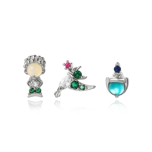 Three-piece silver earring set with opal character, flying bird and blue shield designs