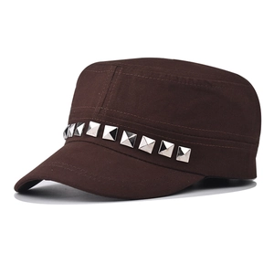 Detail of coffee canvas cadet cap featuring silver square metal rivets and stitching