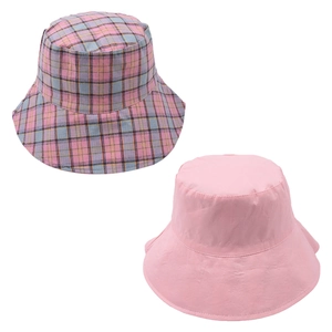 Flat lay of pink plaid and solid pink foldable cotton bucket hats for sun protection