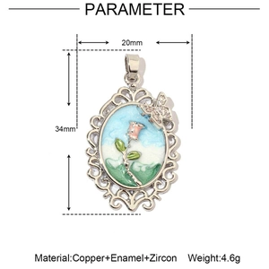 Detailed technical drawing of 18k gold plated copper floral pendant with size and weight