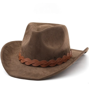 Chapeau De Cowboy Western Rétro Daim Polyester Bord Large Bande De Cuir Tressée Voyage Plein Air Style Vintage Unisexe
