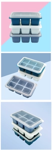 Three-piece set of stackable 6-grid ice cube molds with transparent lids in blue and white