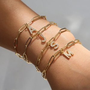 Brass 18K Gold Plated Paperclip Chain Initial Pendant Bracelet For Women Pave Rhinestone Letter A-Z Jewelry Gift