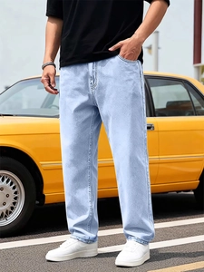 Jeans Homme Coton Denim Jambe Droite Ample Décontracté Business Streetwear Mode Taille Moyenne Poches