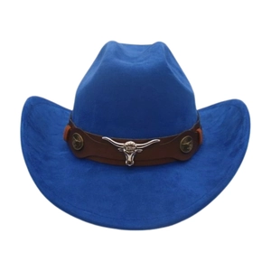 Detailed close-up of blue cowboy hat with silver longhorn bull head metal buckle