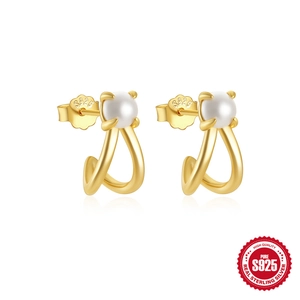 Elegant S925 sterling silver C-shaped gold hoop earrings with white pearls and small diamonds