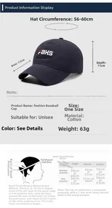 Size chart showing baseball cap dimensions with 56-60cm circumference and cotton material