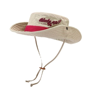 Beige wide brim outdoor sun hat with pink Wake up embroidery and adjustable wind rope