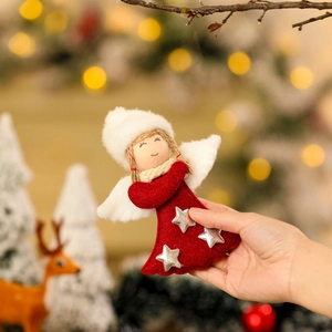 Handheld Christmas angel doll ornament in red and white with silver stars for tree decor